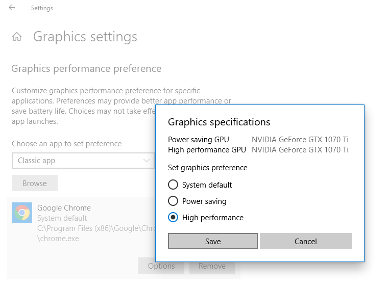 Windows 10 Enable high performance graphics preference